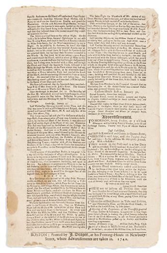 (COLONIAL WARS.) Issue of the Boston Weekly News-Letter with news of fighting on the Georgia-Florida coast.